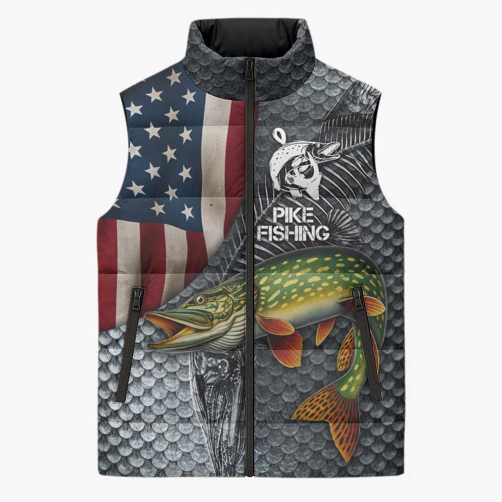 Pike Fishing Sleeveless Puffer Jacket with American Flag and Realistic Fish Scale Texture Design - Wonder Print Shop
