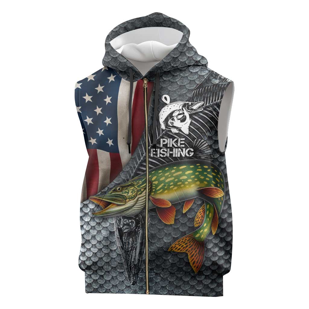 Pike Fishing Sleeveless Zip Hoodie with American Flag and Realistic Fish Scale Texture Design - Wonder Print Shop