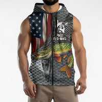 Pike Fishing Sleeveless Zip Hoodie with American Flag and Realistic Fish Scale Texture Design - Wonder Print Shop
