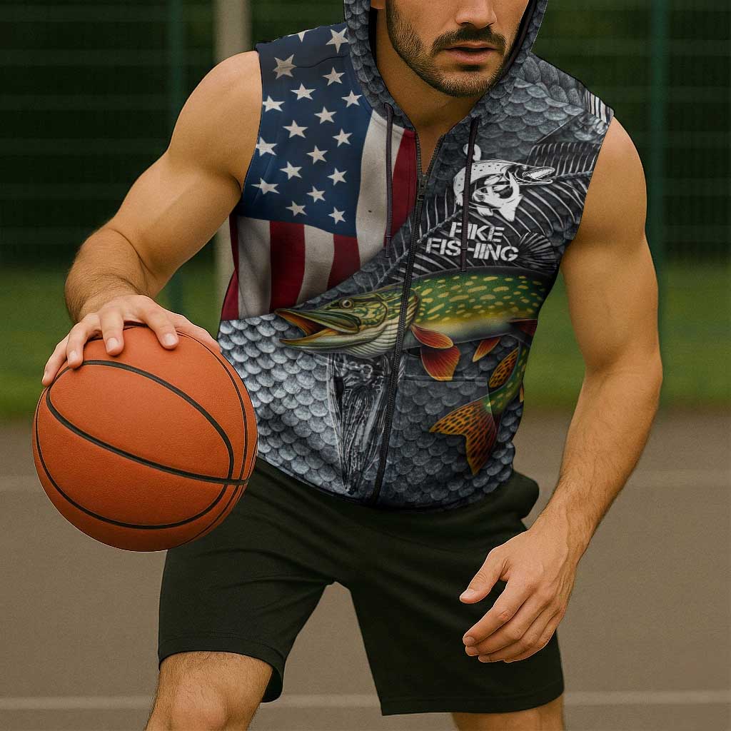 Pike Fishing Sleeveless Zip Hoodie with American Flag and Realistic Fish Scale Texture Design - Wonder Print Shop