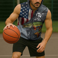 Pike Fishing Sleeveless Zip Hoodie with American Flag and Realistic Fish Scale Texture Design - Wonder Print Shop