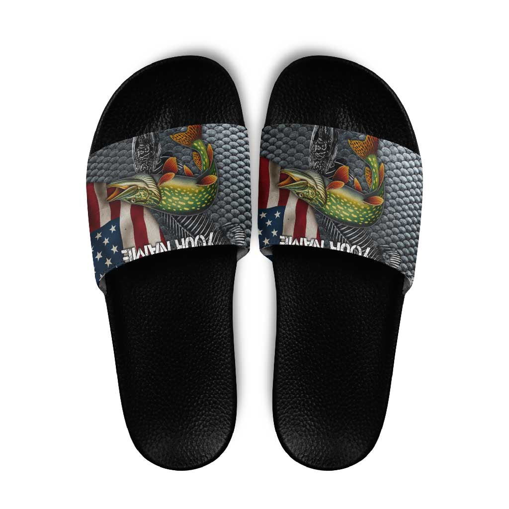 Pike Fishing Slide Sandals with American Flag and Realistic Fish Scale Texture Design - Wonder Print Shop