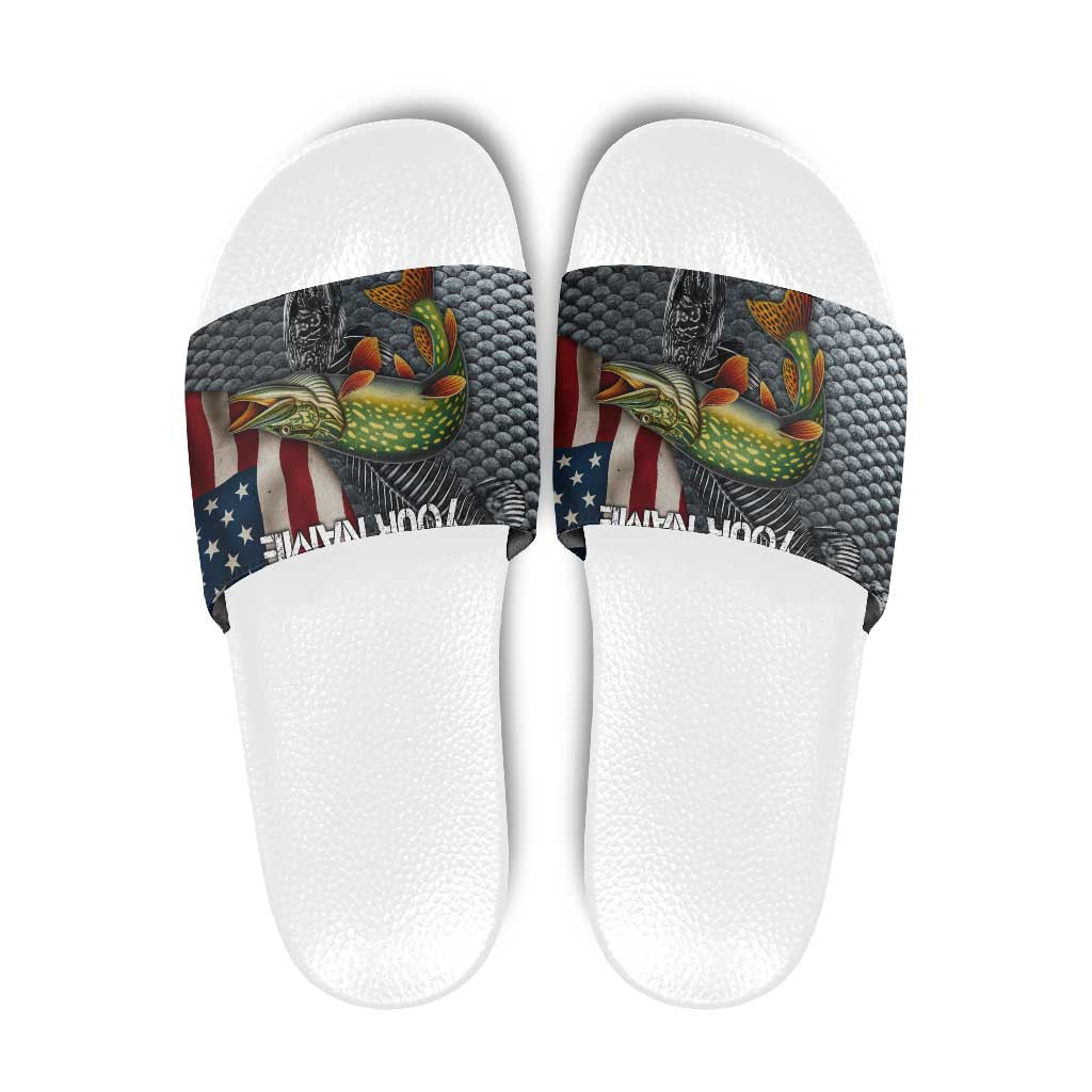 Pike Fishing Slide Sandals with American Flag and Realistic Fish Scale Texture Design - Wonder Print Shop