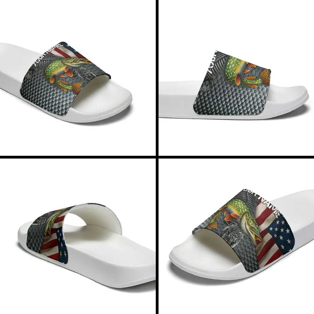 Pike Fishing Slide Sandals with American Flag and Realistic Fish Scale Texture Design - Wonder Print Shop