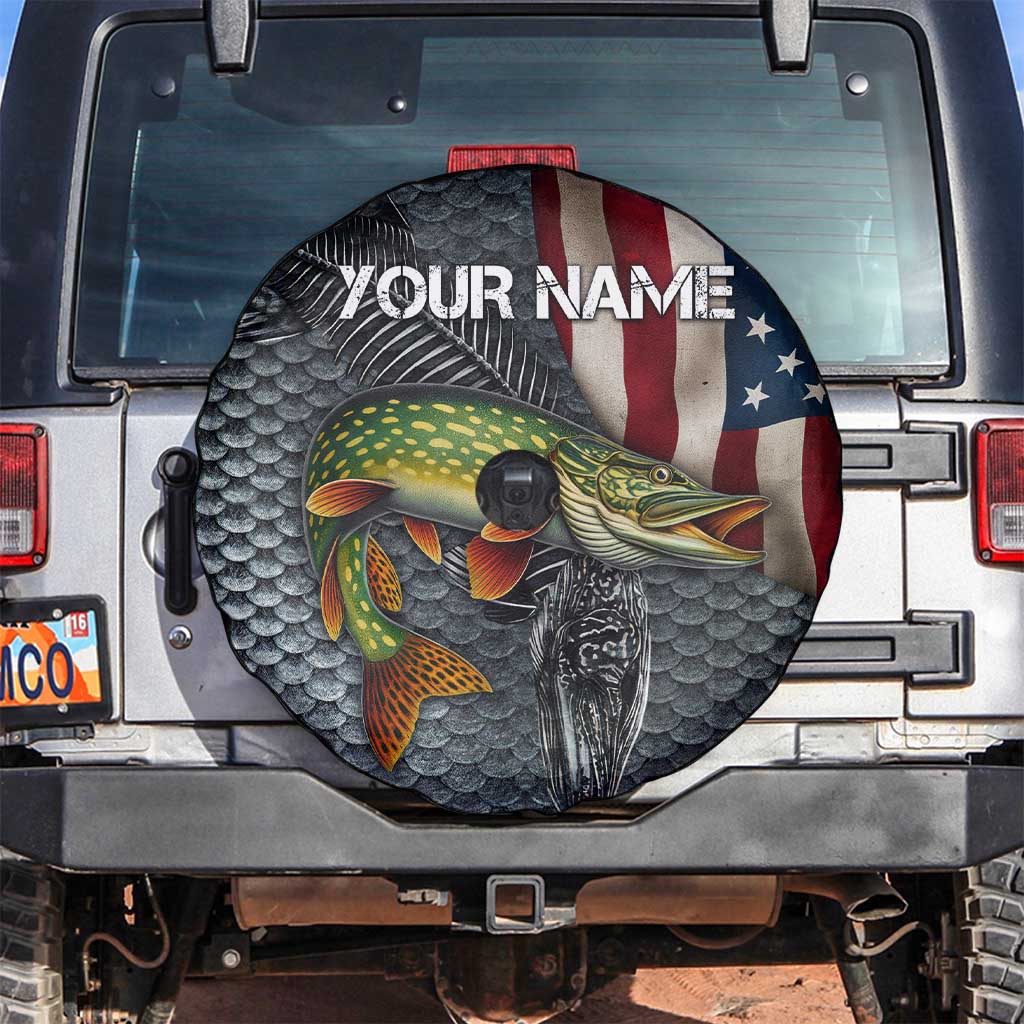 Pike Fishing Spare Tire Cover with American Flag and Realistic Fish Scale Texture Design - Wonder Print Shop