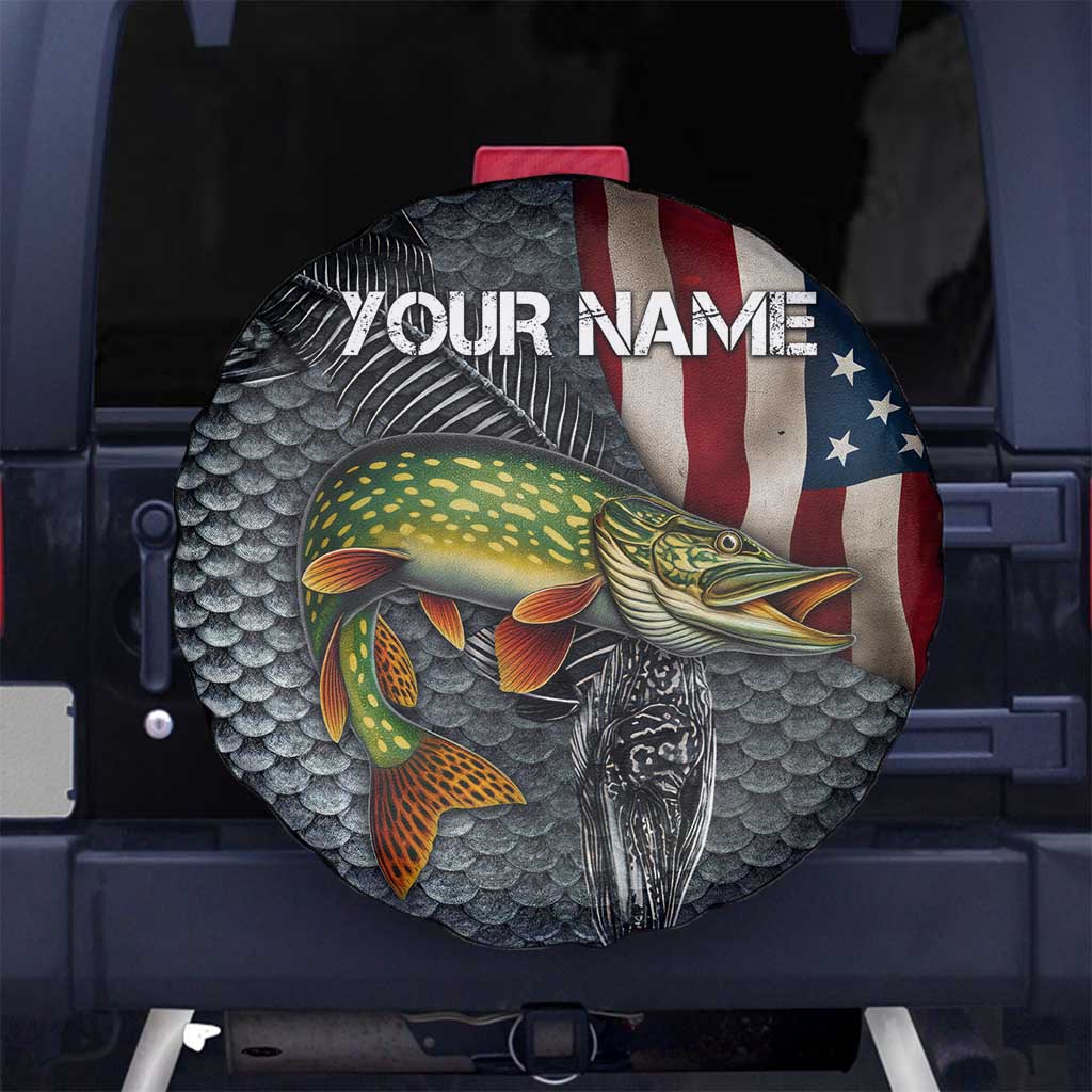 Pike Fishing Spare Tire Cover with American Flag and Realistic Fish Scale Texture Design - Wonder Print Shop