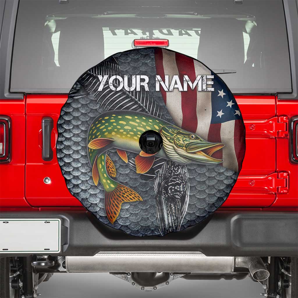 Pike Fishing Spare Tire Cover with American Flag and Realistic Fish Scale Texture Design - Wonder Print Shop