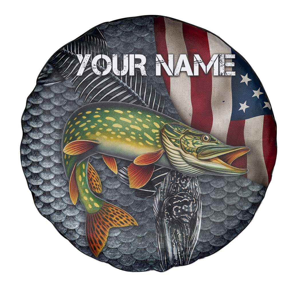 Pike Fishing Spare Tire Cover with American Flag and Realistic Fish Scale Texture Design - Wonder Print Shop