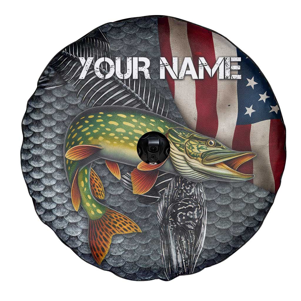 Pike Fishing Spare Tire Cover with American Flag and Realistic Fish Scale Texture Design - Wonder Print Shop