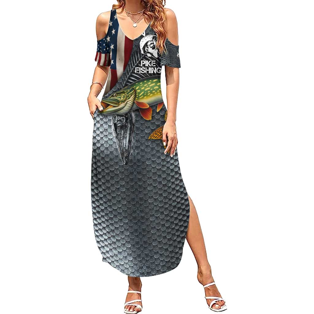 Pike Fishing Summer Maxi Dress with American Flag and Realistic Fish Scale Texture Design - Wonder Print Shop