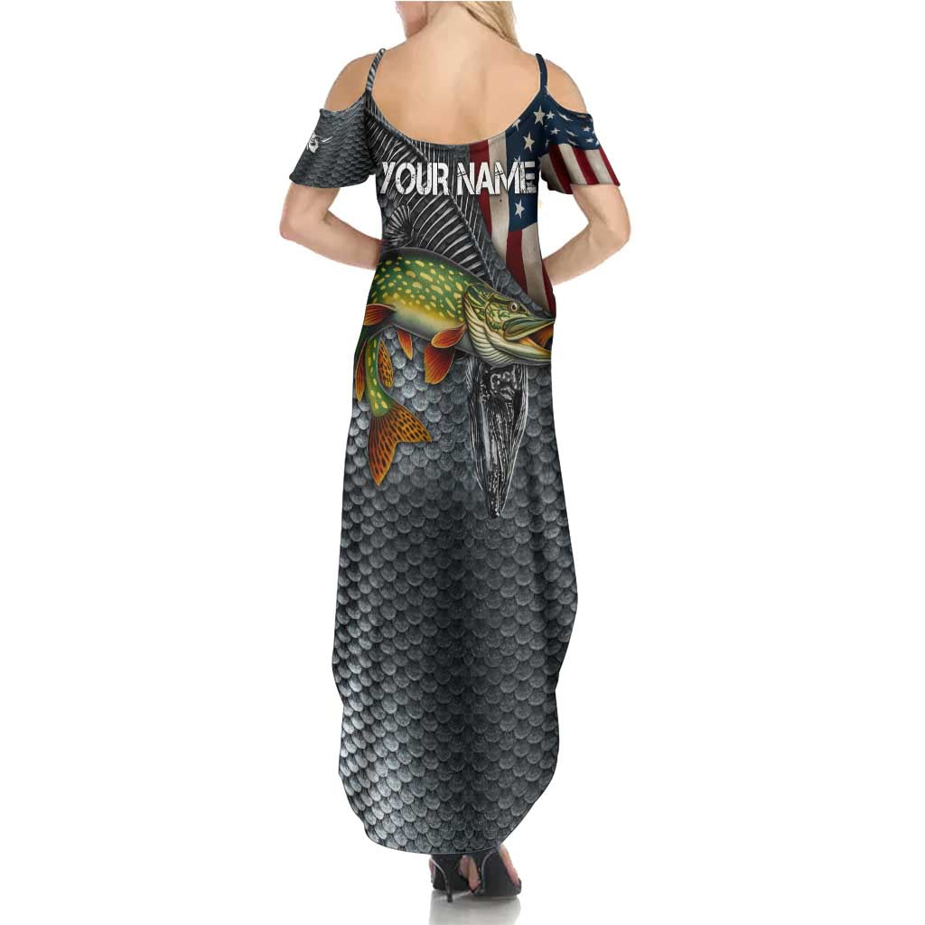 Pike Fishing Summer Maxi Dress with American Flag and Realistic Fish Scale Texture Design - Wonder Print Shop