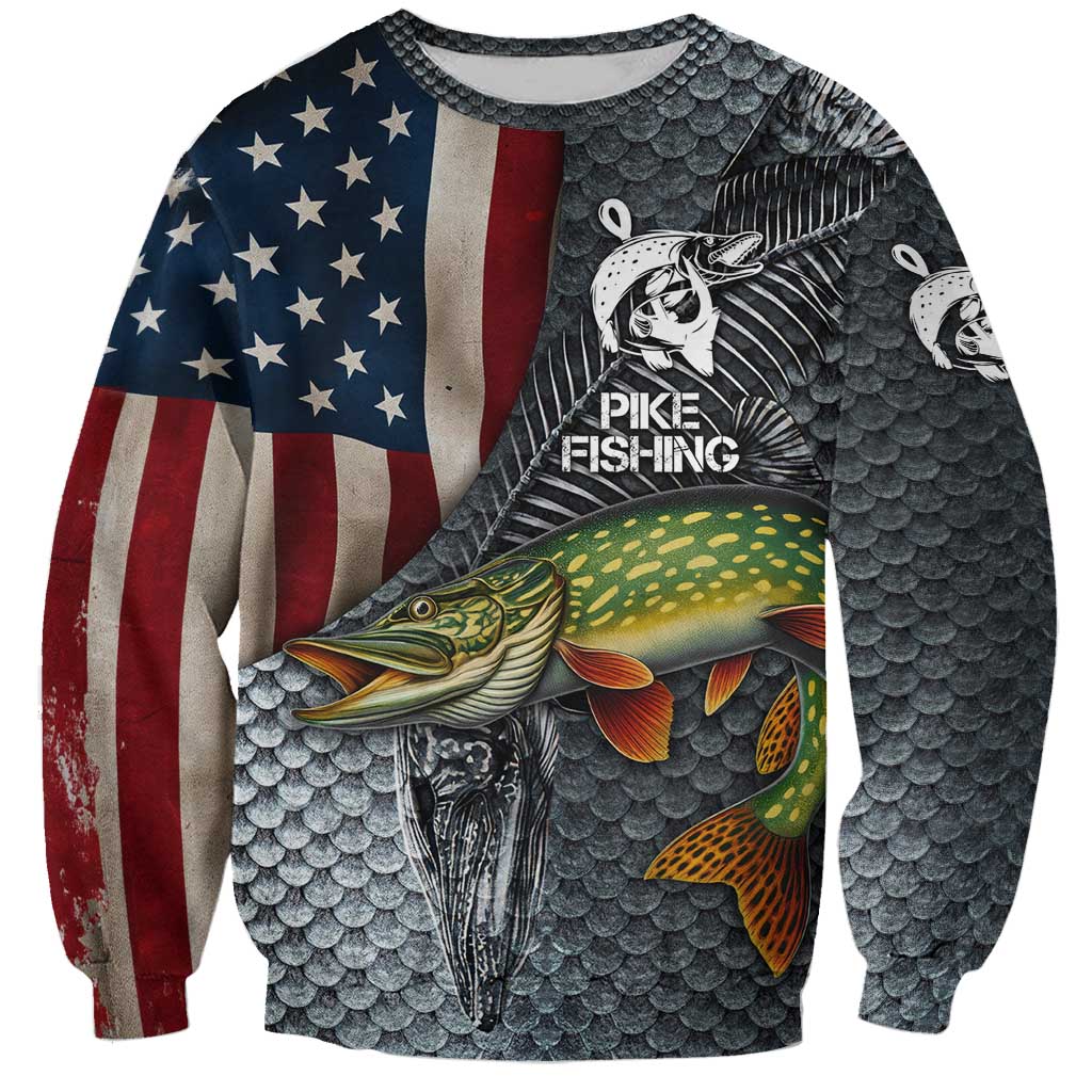 Pike Fishing Sweatshirt with American Flag and Realistic Fish Scale Texture Design - Wonder Print Shop