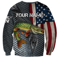 Pike Fishing Sweatshirt with American Flag and Realistic Fish Scale Texture Design - Wonder Print Shop