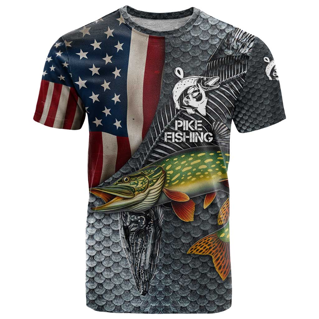 Pike Fishing T Shirt with American Flag and Realistic Fish Scale Texture Design - Wonder Print Shop