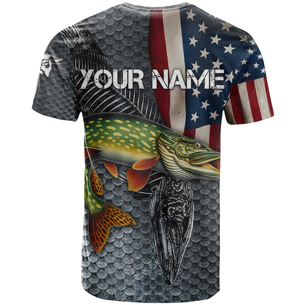 Pike Fishing T Shirt with American Flag and Realistic Fish Scale Texture Design - Wonder Print Shop