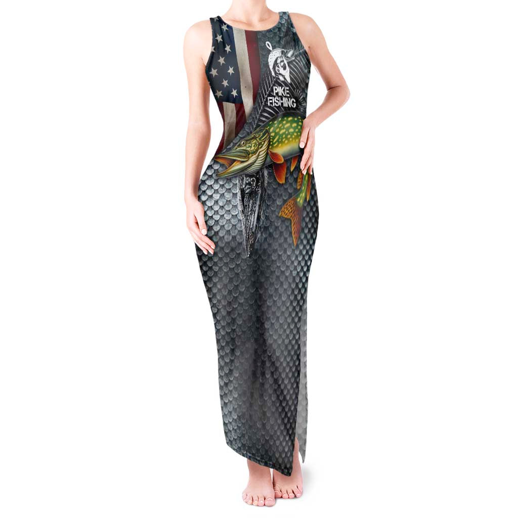 Pike Fishing Tank Maxi Dress with American Flag and Realistic Fish Scale Texture Design - Wonder Print Shop