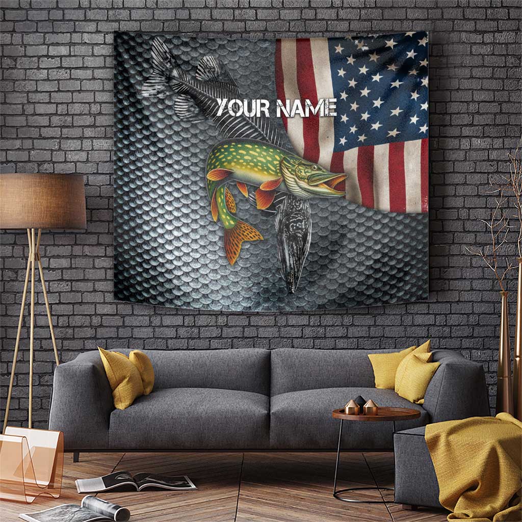 Pike Fishing Tapestry with American Flag and Realistic Fish Scale Texture Design - Wonder Print Shop