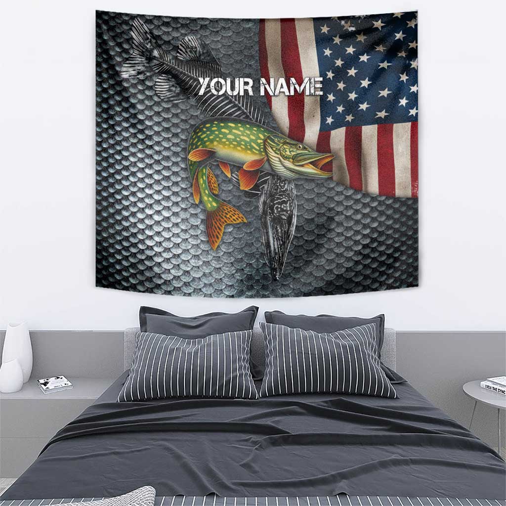 Pike Fishing Tapestry with American Flag and Realistic Fish Scale Texture Design - Wonder Print Shop
