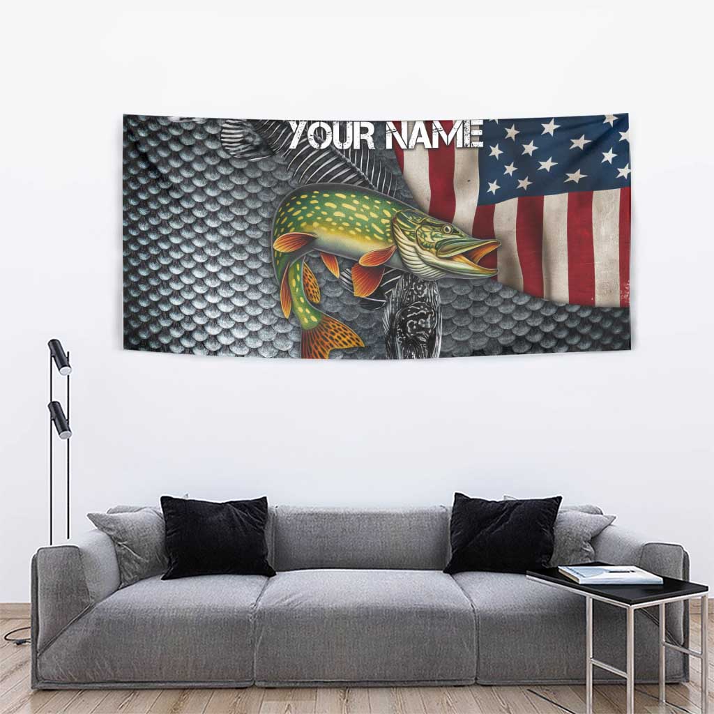Pike Fishing Tapestry with American Flag and Realistic Fish Scale Texture Design - Wonder Print Shop