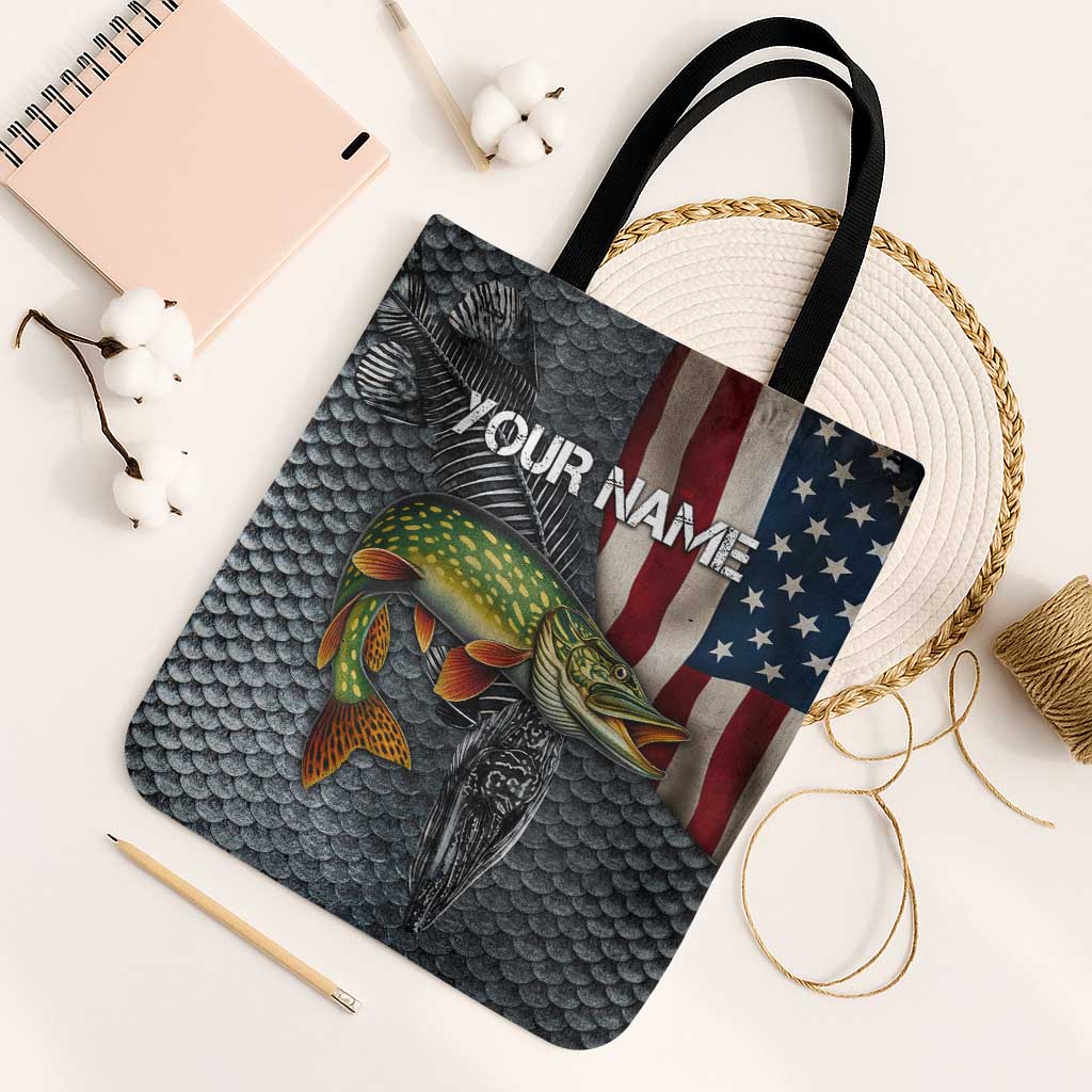 Pike Fishing Tote Bag with American Flag and Realistic Fish Scale Texture Design - Wonder Print Shop