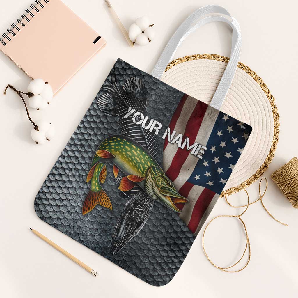 Pike Fishing Tote Bag with American Flag and Realistic Fish Scale Texture Design - Wonder Print Shop