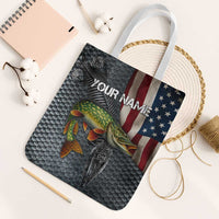 Pike Fishing Tote Bag with American Flag and Realistic Fish Scale Texture Design - Wonder Print Shop