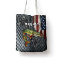 Pike Fishing Tote Bag with American Flag and Realistic Fish Scale Texture Design - Wonder Print Shop