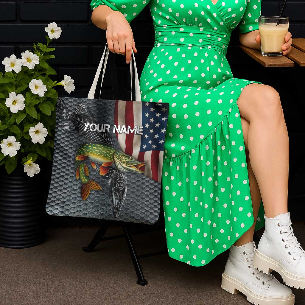 Pike Fishing Tote Bag with American Flag and Realistic Fish Scale Texture Design - Wonder Print Shop