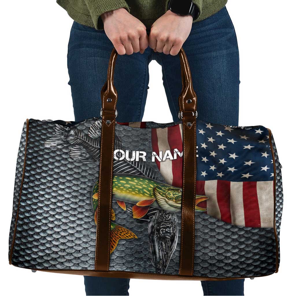 Pike Fishing Travel Bag with American Flag and Realistic Fish Scale Texture Design - Wonder Print Shop