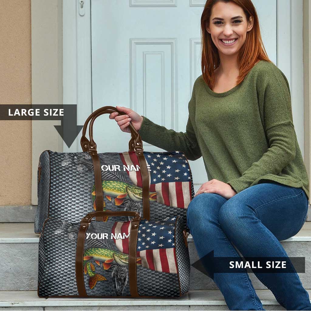 Pike Fishing Travel Bag with American Flag and Realistic Fish Scale Texture Design - Wonder Print Shop