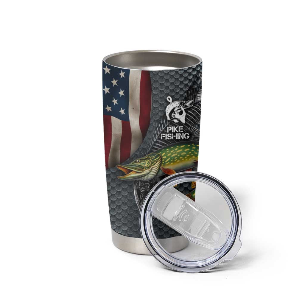 Pike Fishing Tumbler Cup with American Flag and Realistic Fish Scale Texture Design - Wonder Print Shop