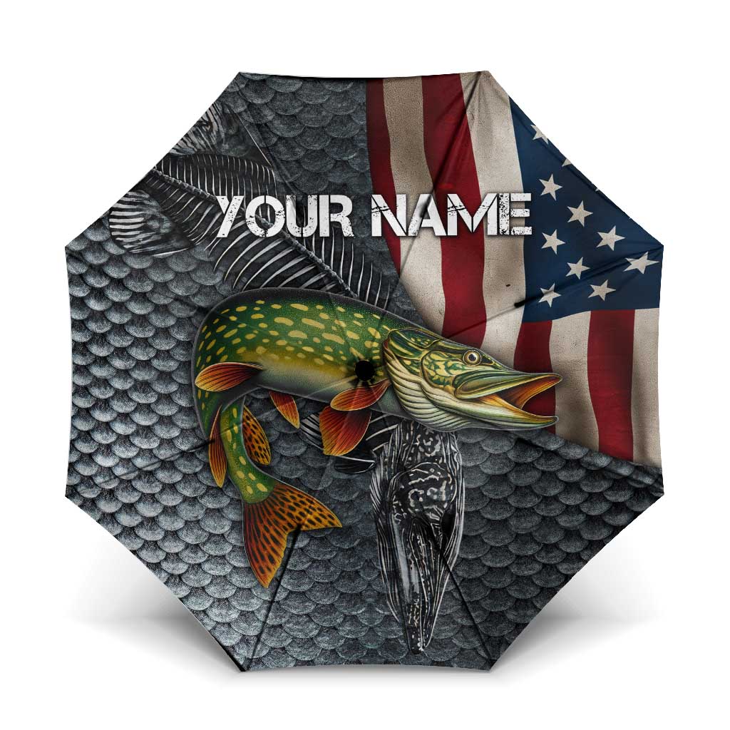 Pike Fishing Umbrella with American Flag and Realistic Fish Scale Texture Design - Wonder Print Shop