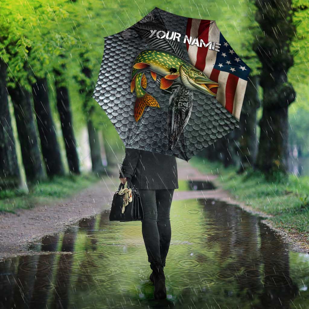 Pike Fishing Umbrella with American Flag and Realistic Fish Scale Texture Design - Wonder Print Shop