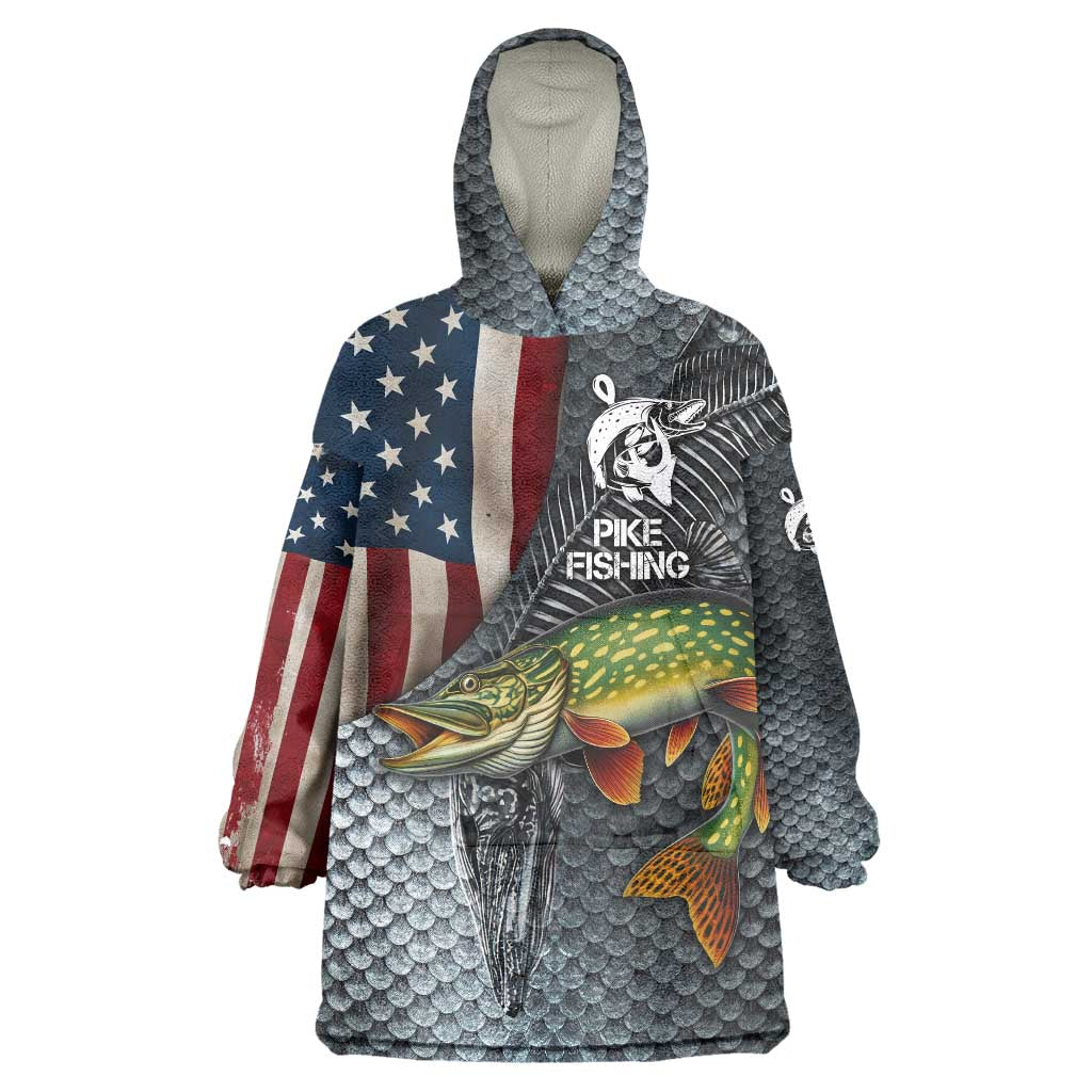 Pike Fishing Wearable Blanket Hoodie with American Flag and Realistic Fish Scale Texture Design - Wonder Print Shop