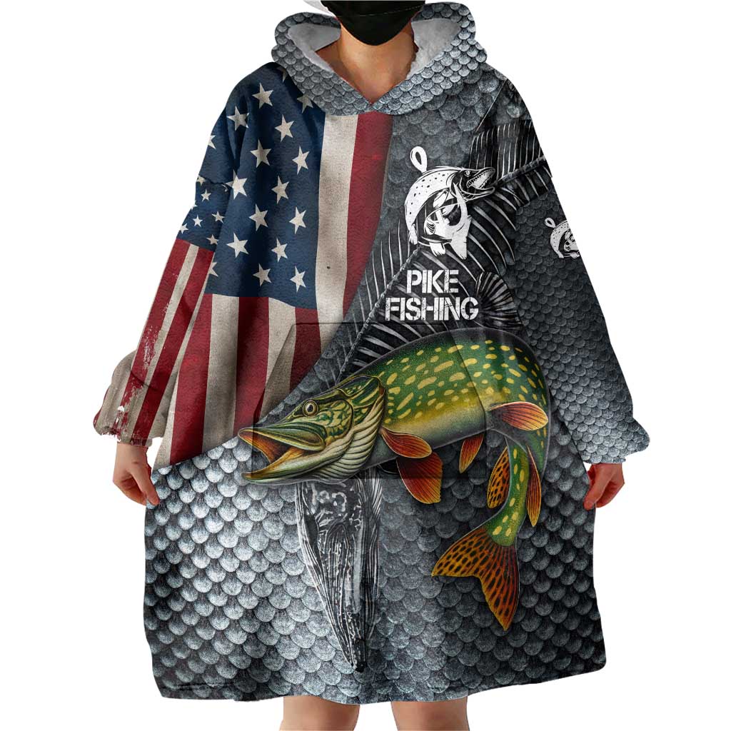Pike Fishing Wearable Blanket Hoodie with American Flag and Realistic Fish Scale Texture Design - Wonder Print Shop