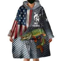 Pike Fishing Wearable Blanket Hoodie with American Flag and Realistic Fish Scale Texture Design - Wonder Print Shop