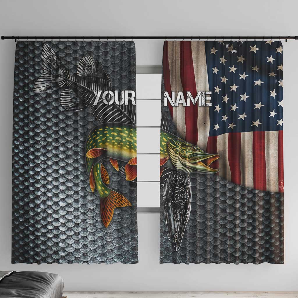 Pike Fishing Window Curtain with American Flag and Realistic Fish Scale Texture Design - Wonder Print Shop