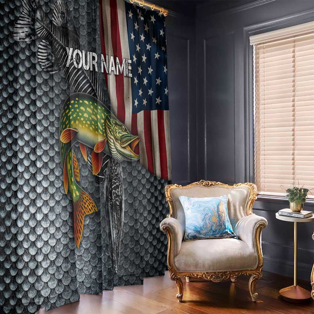Pike Fishing Window Curtain with American Flag and Realistic Fish Scale Texture Design - Wonder Print Shop