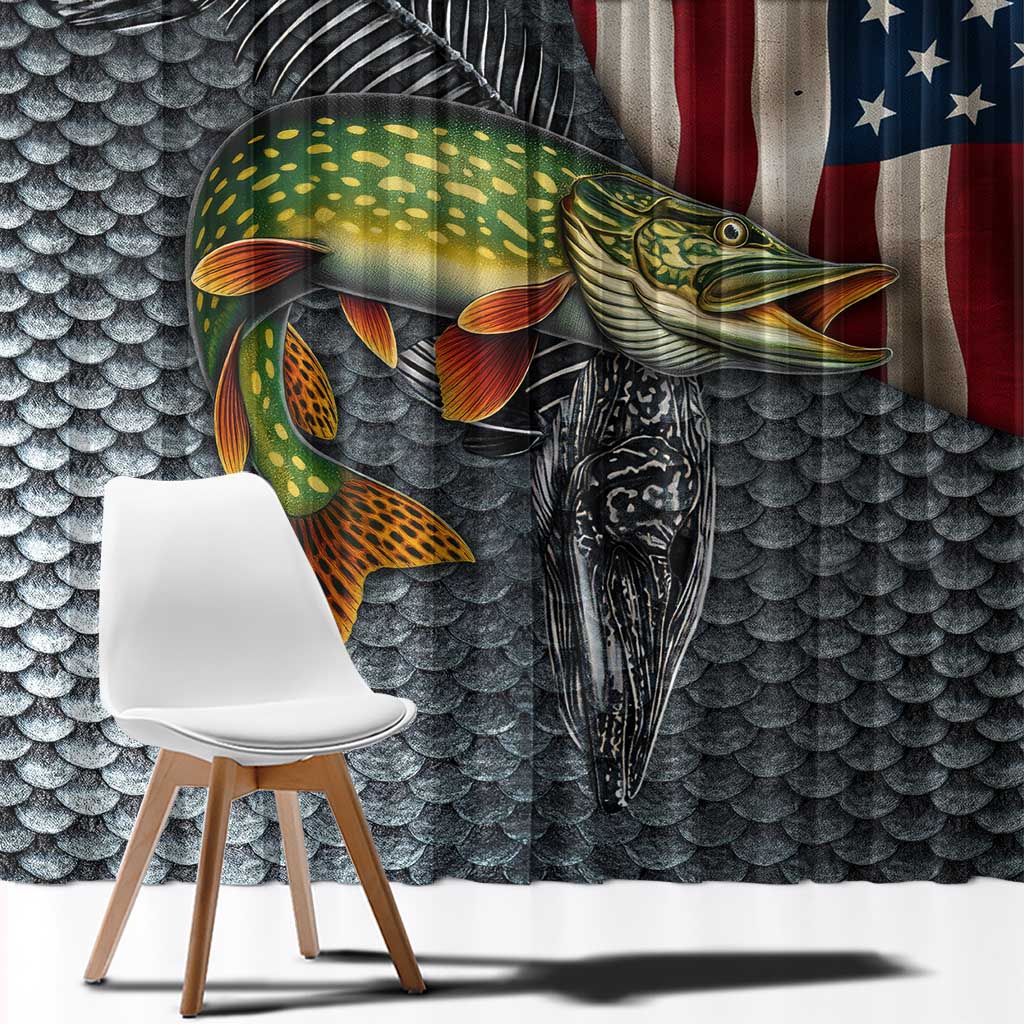 Pike Fishing Window Curtain with American Flag and Realistic Fish Scale Texture Design - Wonder Print Shop