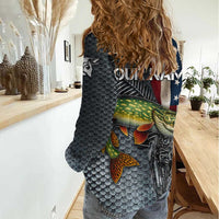 Pike Fishing Women Casual Shirt with American Flag and Realistic Fish Scale Texture Design - Wonder Print Shop