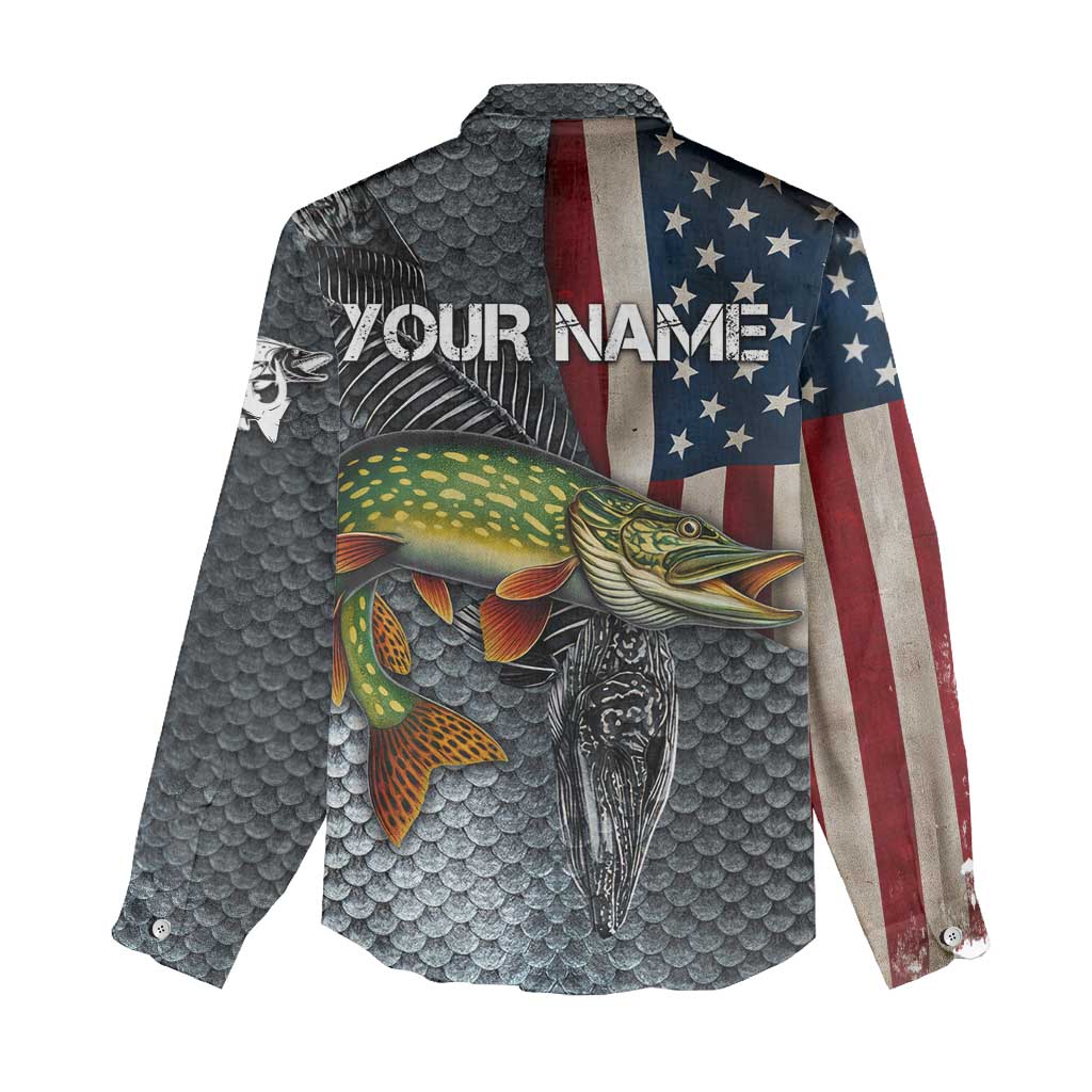 Pike Fishing Women Casual Shirt with American Flag and Realistic Fish Scale Texture Design - Wonder Print Shop