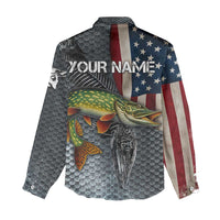 Pike Fishing Women Casual Shirt with American Flag and Realistic Fish Scale Texture Design - Wonder Print Shop