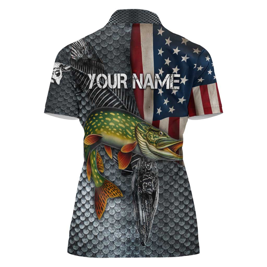 Pike Fishing Women Polo Shirt with American Flag and Realistic Fish Scale Texture Design - Wonder Print Shop