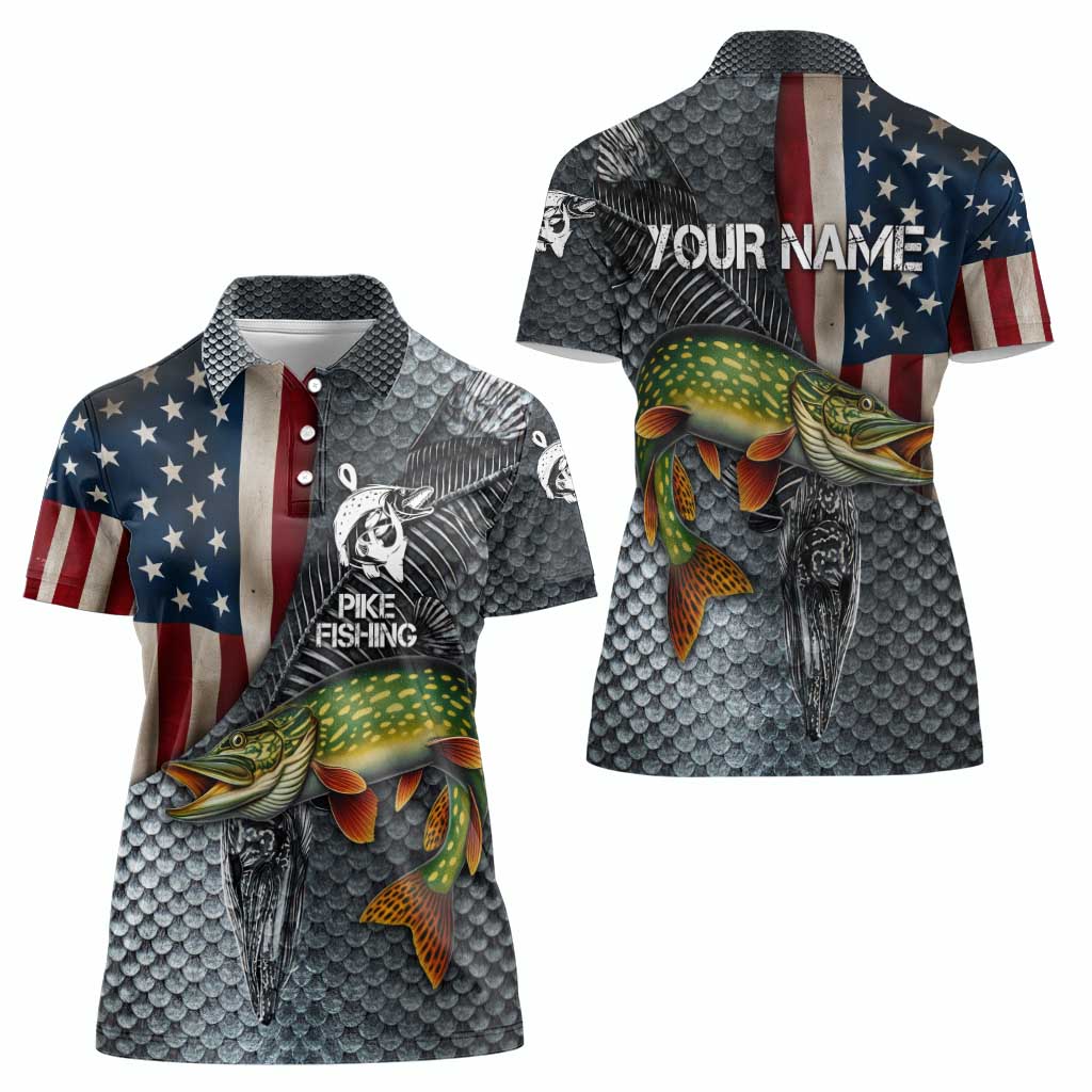 Pike Fishing Women Polo Shirt with American Flag and Realistic Fish Scale Texture Design - Wonder Print Shop