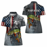 Pike Fishing Women Polo Shirt with American Flag and Realistic Fish Scale Texture Design - Wonder Print Shop