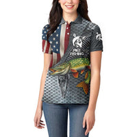 Pike Fishing Women Polo Shirt with American Flag and Realistic Fish Scale Texture Design - Wonder Print Shop