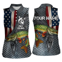 Pike Fishing Women Sleeveless Polo Shirt with American Flag and Realistic Fish Scale Texture Design - Wonder Print Shop