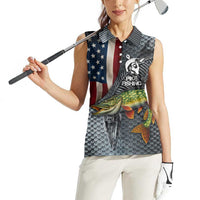 Pike Fishing Women Sleeveless Polo Shirt with American Flag and Realistic Fish Scale Texture Design - Wonder Print Shop