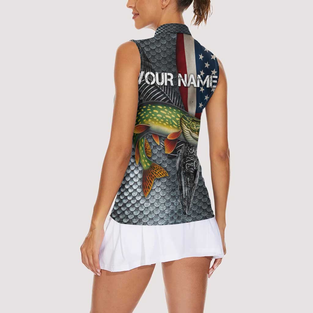 Pike Fishing Women Sleeveless Polo Shirt with American Flag and Realistic Fish Scale Texture Design - Wonder Print Shop