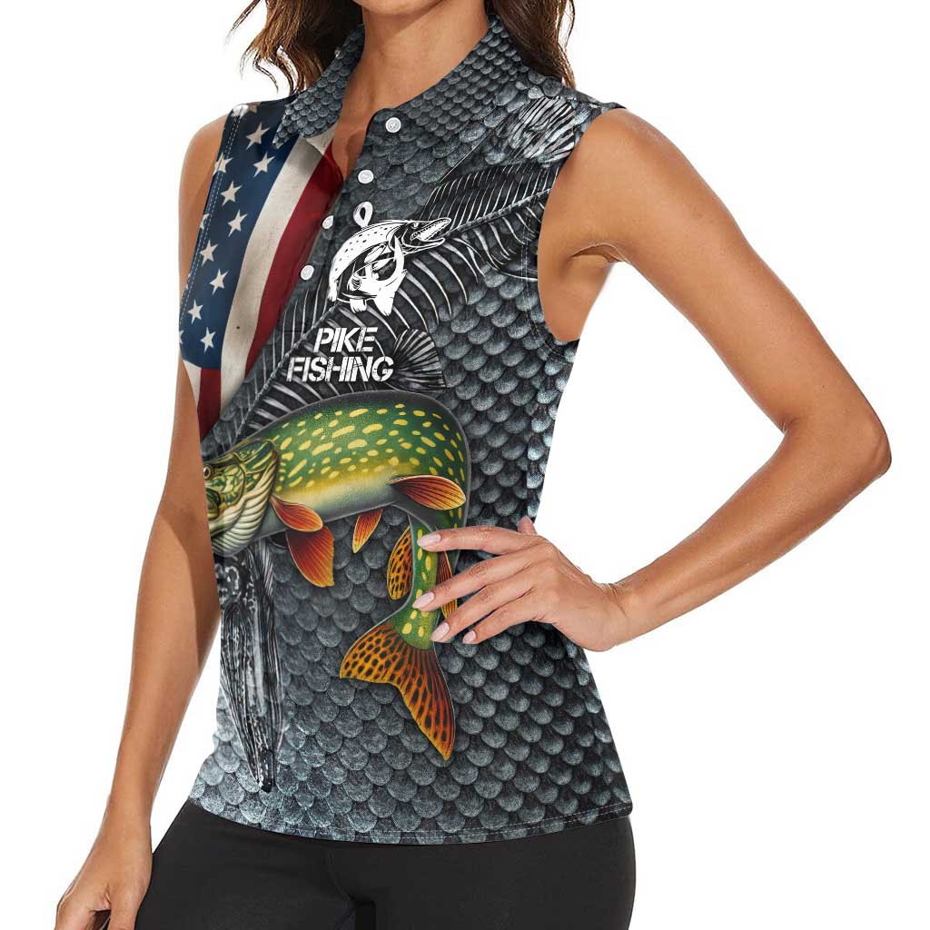 Pike Fishing Women Sleeveless Polo Shirt with American Flag and Realistic Fish Scale Texture Design - Wonder Print Shop